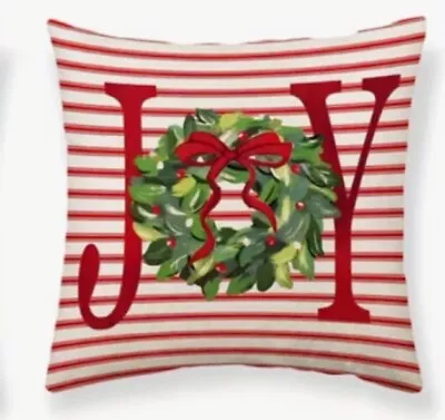 JOY Red Stripe Wreath Christmas Linen Throw Pillow Cover 18” Holiday Home Decor • $13.56