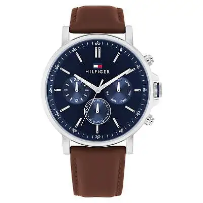 Tommy Hilfiger Brown Leather Navy Dial Multi-function Men's Watch - 1710585 • $223