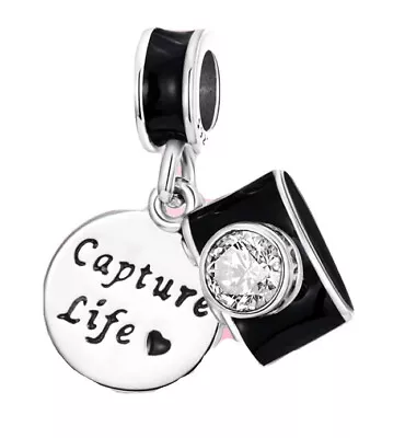 Sterling Silver 925 🌸 Capture Life Black Camera Photography Charm & Pouch • £14.99