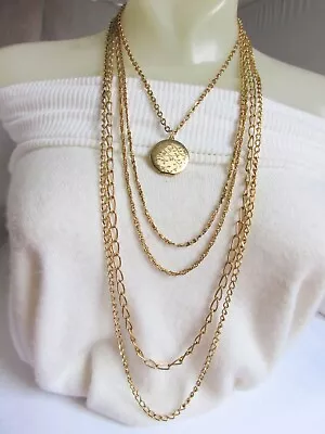 Vintage 5 Row Chains Cascade Photo Locket Necklace Gold Plate 18  To 34  • $20