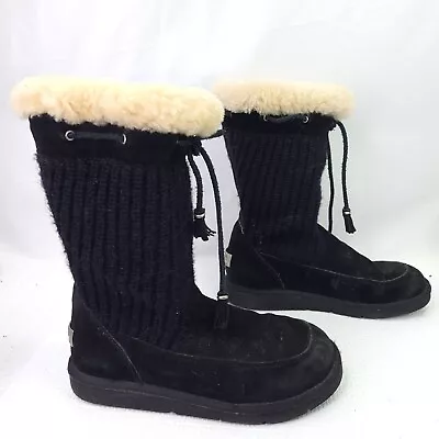 UGG Suburb Crochet Knit 5124 Boots Black Leather Suede Tassel Fur Trim Size 7 • $28.87