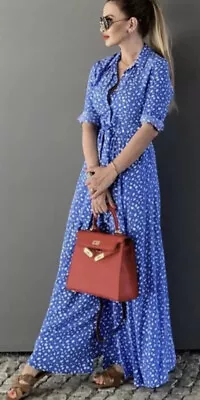 Zara Polka Dot Floral Blue White Print Marilyn Shirt Dress Maxi Belt Medium • £39.99