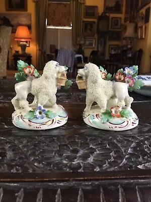 Antique Pair English Porcelain Gold Anchor Poodles With Baskets Bocage Figures  • £30