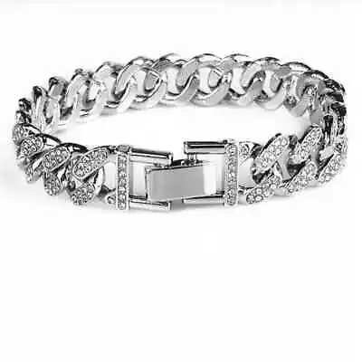 Ice Out 12MM Miami Cuban Link SILVER Bracelet 14k Gold Plated Bling 7  Length • $14.99