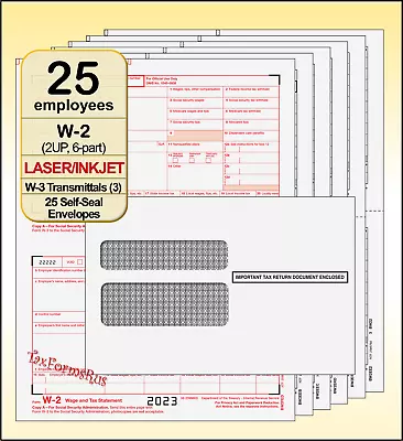 2023 IRS TAX FORMS KIT:: W-2 Wage Stmts 6-pt LASER 25 Employees+Envelopes+(3)W-3 • $36.90