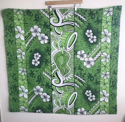 Vtg Hawaiian Polynesian Print Barkcloth Textile Fabric Green White Tiki 45  X82  • $60