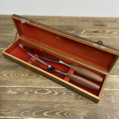 Vintage Mid Century Modern Japan Stainless Carving Meat Knife Fork Wood Box Set! • $55.76