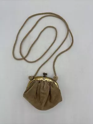 Vintage Lucy Rongo Small Change Purse Shoulder Handbag Beige Brown Suede • $19.95