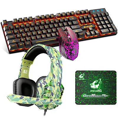 $60.89 • Buy Wireless Gaming Keyboard Mouse Mat And 3.5mm Headset Combo Rainbow Backlit 4 In1