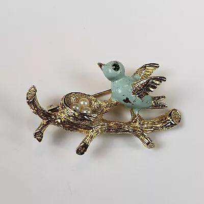 Vintage Gerry's Brooch Pin Blue Bird On Tree Branch Nest Eggs Enamel Pearl • $6