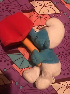 Vintage 1999 Blue Smurf Holding Red Mushroom Sitting Plush Stuffed Animal Toy • $12.99