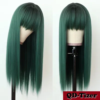 $20.40 • Buy Ombre Green Synthetic Hair Wigs No Lace Heat Resistant Party Wig Straight Bangs