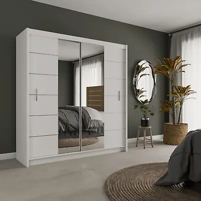 Mirror Sliding Door Wardrobe Modern Bedroom DAKO 5 White/ Oak Sonoma -  2 Sizes • £19.99