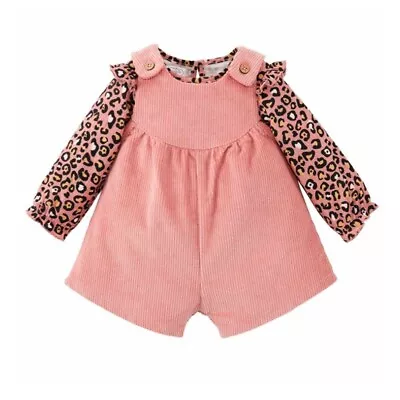 Mud Pie Girls Two-piece Leopard Pink Corduroy Overall Short Set Size 6-9 Months • $14.95