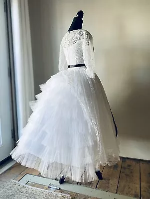 Vintage Bridal Wedding Dress 1950s Bustle Crinoline Tea Length Small Classic • $150