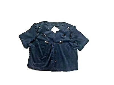 Zara NWT Womens S Navy Blue Velvet Top Blouse Button Up Beaded Short Sleeve • $18.89