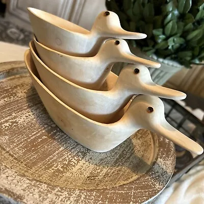 Set Of 4 Hand Carved Nesting Ducks  Measuring Cups Spoons Light Wood UNIQUE! • $34.99