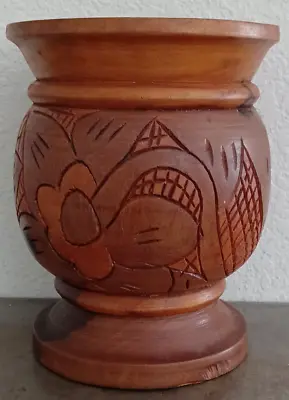 Hand Carved Wooden Vase Urn Footed Pedestal Vintage 6.75  Tall • $16.99