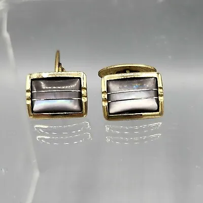 Art Deco Banded Abalone MOP Shell Cabochon Gold Plated Pivot Link Cufflinks • $29.17