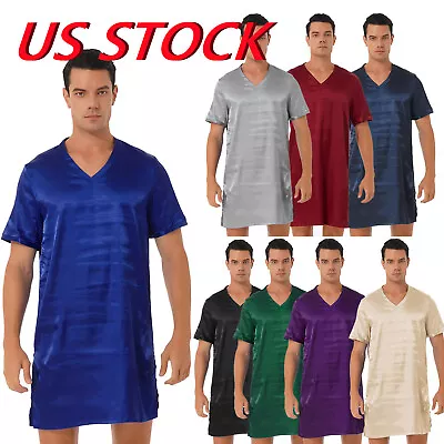 Mens Silk Satin Nightshirt Short Sleeve Pajamas Nightgown Sleepwear Night Shirts • $12.59