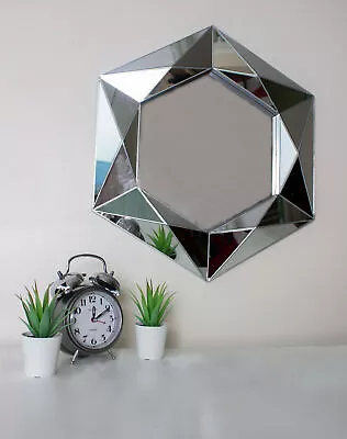 Large Silver Hanging Mirror Home Decor Jewel Cut Bevelled Wall Mounted Diamond • £18.99