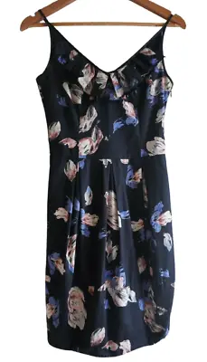 $5 • Buy CUE Sz 6 Black Floral Ruffle Sleeveless Pleated Dress