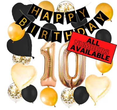 10th Birthday Decorations - Gold And Black Theme - Balloons Banner - Him Or Her • £19.29