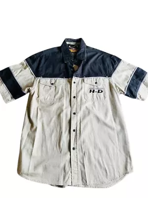 Harley Davidson Short Sleeve Shirt Work Shop Khaki Tan & Black VTG Vintage M Med • $28.99