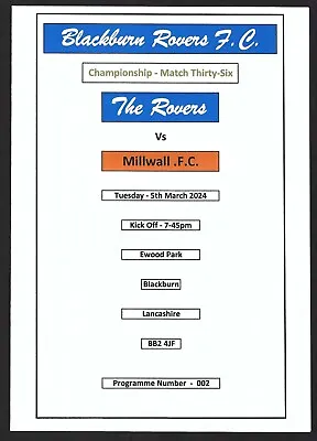 BLACKBURN ROVERS V MILLWALL 05.03.24 CHAMPIONSHIP MATCH PROGRAMME • £2.49
