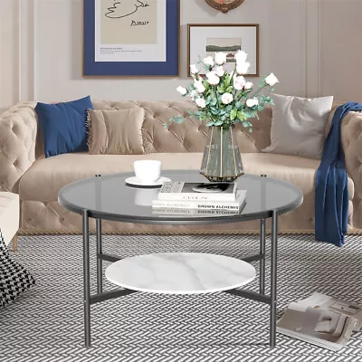 2 Tiers Coffee Table Round Modern Table Anti-scratches Glass Marble Furniture • $179.93