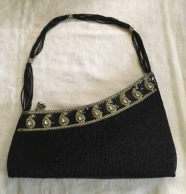 $40.21 • Buy BAG Black BEADED Diamantés Shoulder Evening 80s Vintage Zip Retro Bling Handbag