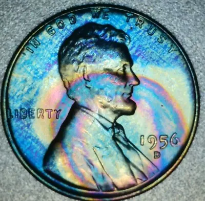 1956 D RAINBOW TONED Lincoln Wheat Penny 060 WOW! • $8