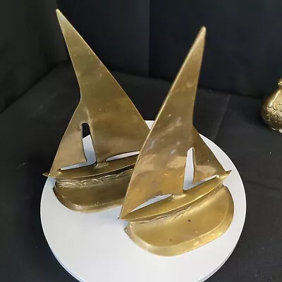 Pair Of Vintage Brass Sailboat Bookends Nautical Home Decor • $36