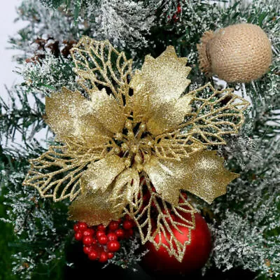 30/10PCS Large Glitter Poinsettia Flower Christmas Wreath Tree Decoration XmasKJ • $10.85