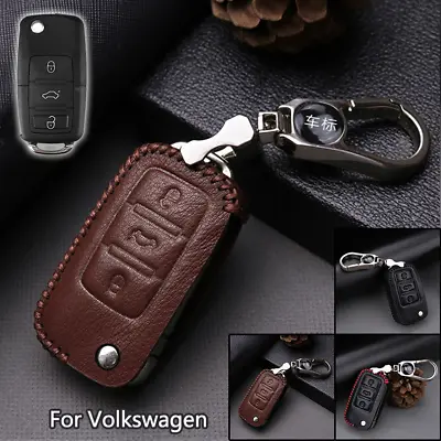 Leather Remote Car Key Fob Cover Case Holder Shell Chain Bag For VW Skoda SEAT • $9.49