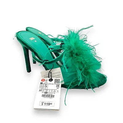 Zara Women's Size 6 US Green Velvet Heeled Feather Embellished Strappy Sandals • $63.99