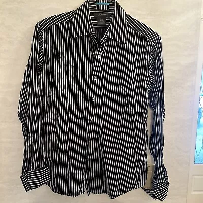 J Ferrar Mens Large 16-16.5 Long Sleeve Striped Black Button Up Shirt Cotton • $13.99