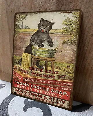 Thom's Castile Soap Vintage Laundry Cat Advert Aged Look New Metal Sign Plaque • £3.50