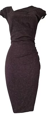 Womens Lk Bennett Aubergine Tweed Wool Draped Stretch Formal Bodycon Dress 14. • £44.99