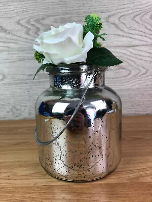 Silver Coloured Mirrored Glass Vase With Artificial Flower Display White Rose  • £19.99