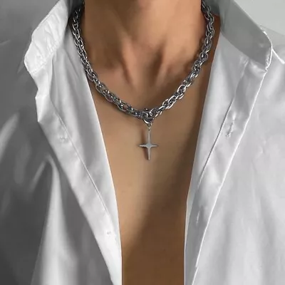 Titanium Steel Cross Star Pendant Necklace For Men WomenPunk Hip Hop Necklace • $12.99