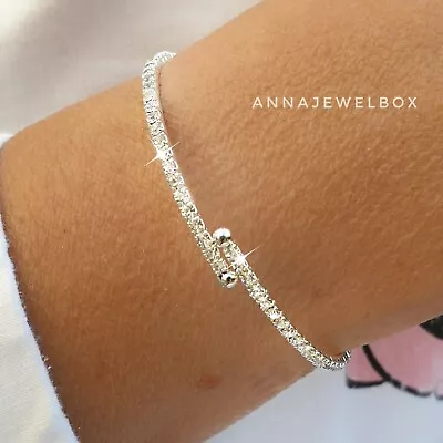 £5.97 • Buy Silver CZ Cubic Zirconia Diamante Tennis Bracelet Flexible Bangle Bridal Gift UK