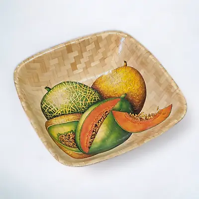 Vintage Woven Bamboo Serving Bowl Fruit Vegetable Print 14 In Diameter • $22.50