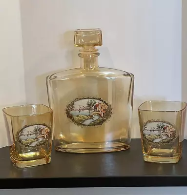 Vintage Decanter Glass Set Carnival Iridescent 3 Piece Set Lake Shore Scene • $25