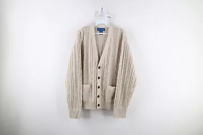 Vintage 90s Streetwear Mens Large Blank Chunky Cable Knit Cardigan Sweater Beige • $71.95