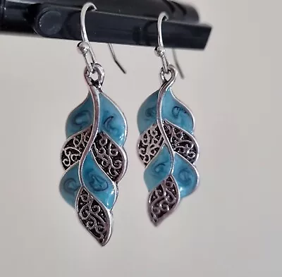 £4.49 • Buy Silver Peacock Feather Shaped Turquoise Drop Dangle Earrings UK Seller
