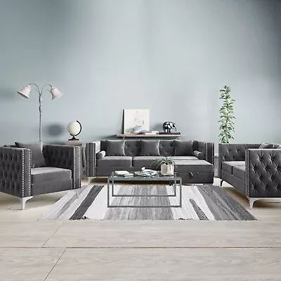 Convertible Sectional Sofa Set Velvet Button Tufted Sofa Couch For Living Room • $299.99