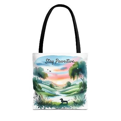 Dachshund Tote Stay Pawsitive - Tote Bag Navy Handle 16x16  Polyester • $18.99