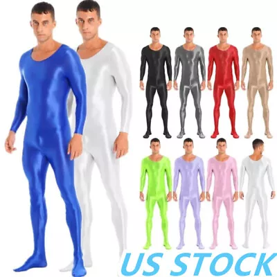 US Men Shiny Glossy Bodystocking Jumpsuit Long Sleeve One Piece Bodysuit Catsuit • $8.59