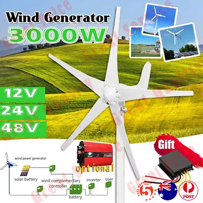 3000W 12/24/48V Wind Turbine Generator 5 Blade Charger Controller Power Inverter • $381.59